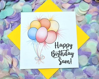 Colourful and Fun, Hand Illustrated Personalised, Party Balloons Birthday card. Perfect for all ages.