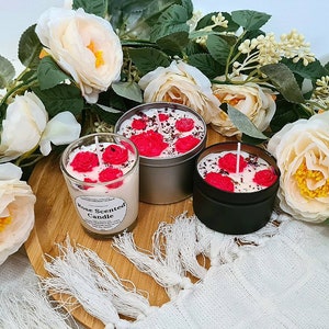 Traditional Rose Soy Candle Variable Sizes. Decorated with handcrafted wax roses. Perfect to Scent any room or a gift for Candle Lovers.