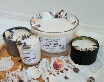 Beautiful Coconut Vegan-Friendly Soy optional sized Candle in a tin with Mixed Sea Shell. Perfect to Scent any room of a gift for Loved one!