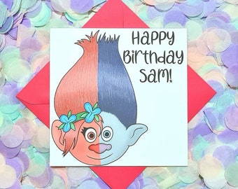 Colourful and fun Hand Illustrated Personalised, split Trolls, Poppy and branch Birthday card The perfect card for troll fans.