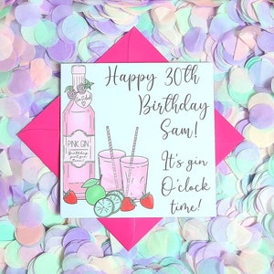 Bellissimo biglietto d'auguri illustrato a mano, divertente e personalizzato, a tema gin rosa. Il biglietto perfetto per gli amanti del gin.