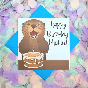 Colourful and Fun, Hand Illustrated Personalised, Celebrating Otter Birthday card. The perfect card for Otter lovers!