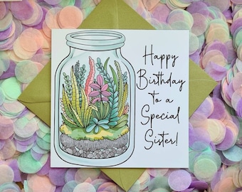 Beautiful and Colourful, Hand Illustrated Personalised, Terrarium Birthday Card! The perfect Birthday Card for Plant lovers!