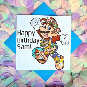 Carte d'anniversaire colorée et amusante, personnalisée illustrée à la main, Mario et ses amis, montage gaming. La carte parfaite pour les joueurs !