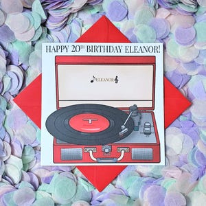 Carte d'anniversaire colorée et amusante, illustrée et personnalisée, tourne-disque vinyle en différentes couleurs. Parfait pour tous les âges.