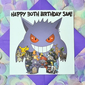 Bunt und Spaß, Hand illustriert personalisiert, Gengar und Pokemon Gaming Montage Geburtstag Geburtstagskarte. Die perfekte Karte für Gamer!