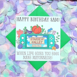 Carte d'anniversaire colorée et amusante, personnalisée, illustrée à la main, de jeu agricole Stardew. La carte parfaite pour les joueurs !
