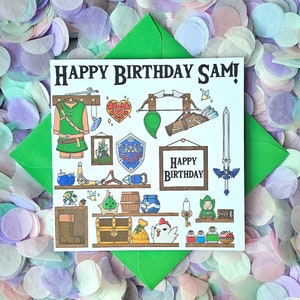 Carte d'anniversaire de jeu Zelda gaming colorée et amusante personnalisée de la collection Link. Carte parfaite pour les amateurs de jeux.