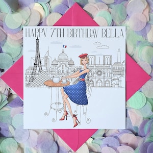 Carte d'anniversaire colorée et amusante, personnalisée illustrée à la main, Thé à Paris. La carte parfaite pour ceux qui aiment voyager !