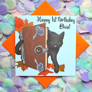 Carte d'anniversaire personnalisée, amusante, amusante, sorcière, Binx et livre de sorts. Carte parfaite pour les fans de films effrayants.