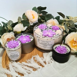 Beautiful Lavender and Chamomile Soy vegan Candle with wax Flowers decor. Perfect to Scent any room of a gift for Loved one!