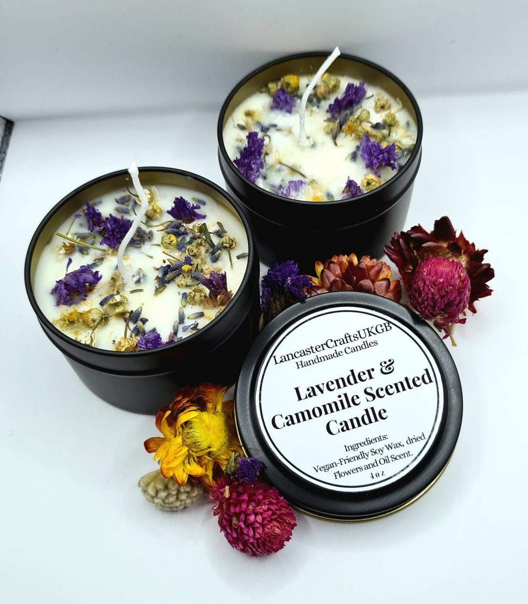 Beautiful Lavender and Chamomile Soy 4oz Candle in a tin with Dried Flowers & Petels. Perfect to Scent any room of a gift for Loved one!