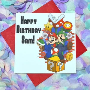 Amusante et colorée, personnalisée illustrée à la main, carte d'anniversaire Nintendo Mario et Luigi ! Parfait pour les amateurs de jeux !