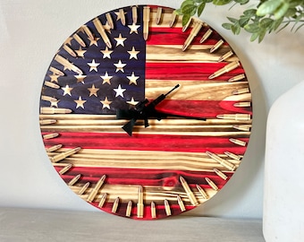 Patriotic American Flag Clock - Faux Ammo Clock - Gifts for Men, Man Cave, Garage Decor - Custom Made Clock - Military, USA