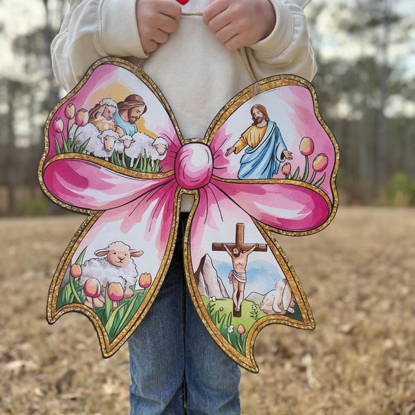 Easter Door Hanger - He is Risen Bow Door Sign - Easter Couquette Bow Hanger - Home, Door and Wall Decor