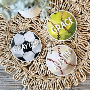Sports Bag Tag with Name | Baseball, Softball, Soccer, Volleyball Name Tag | Name Tag for Sports Bag | Children&#39;s Name Tag Keychain on Wire