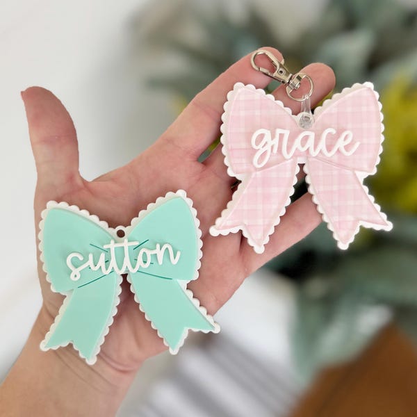 Scalloped Bow Backpack Name Tags - School Bookbag Lunch Box Name Tags - Personalized Name Thas