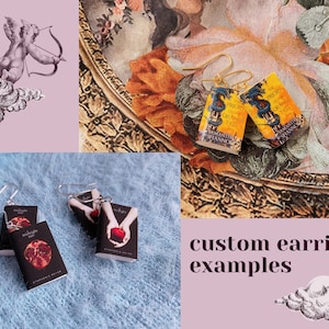 Two photos of custom earrings. Photo on the left is of midnight sun and twilight. Photo on the right of the priory of the orange tree.