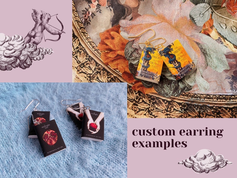 Two photos of custom earrings. Photo on the left is of midnight sun and twilight. Photo on the right of the priory of the orange tree.