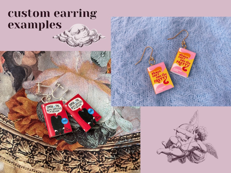 Two photos of custom earrings. Photo on the left is of simon and the homosapien agenda. Photo on the right is of women don't owe you pretty.