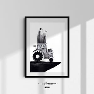 Puede incluir: Lámina artística enmarcada en blanco y negro que presenta una ilustración caprichosa de un tractor con un paisaje urbano encima. El tractor está situado en el borde de un acantilado. La obra incluye banderas y la palabra "SOON".