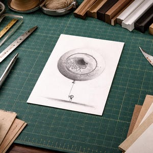 Peut inclure: Dessin d'un ballon tenu par une personne, entouré de fournitures artistiques. La scène comprend des ciseaux, une règle, un stylo et des morceaux de bois sur un tapis de coupe vert.