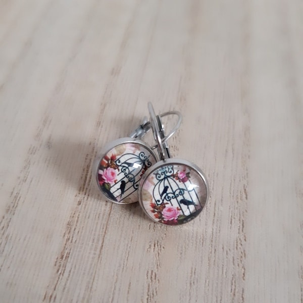 Boucles d'oreilles cabochons 12mm cage à oiseaux