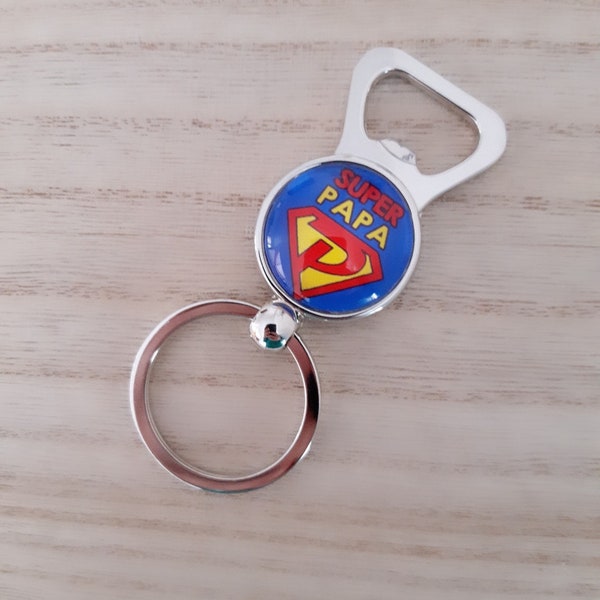 Porte-clés décapsuleur cabochon "Super papa", idées cadeaux,