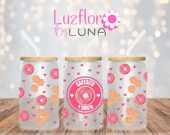 Cafecito Y Cristo 16 oz Libbey Glass Can Wrap, Mexico Conchas Glass Can PNG Sublimation Designs, Digital Download