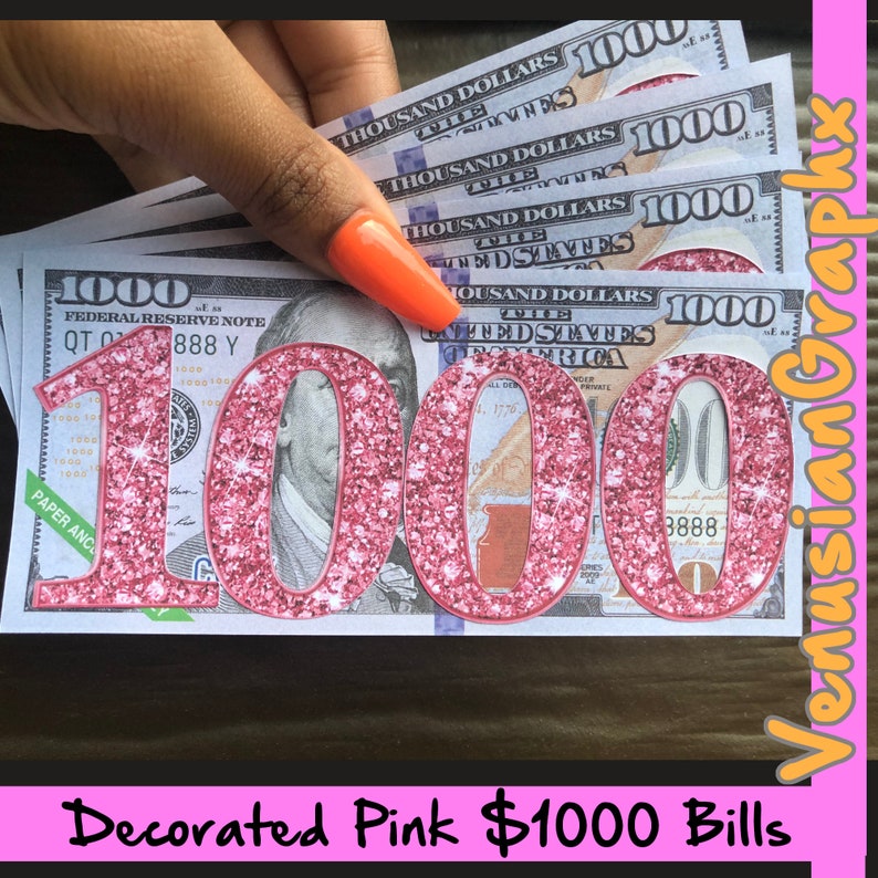Decorated Pink 1000 Dollar Bill Placeholders | Set Of 3 | Set Of 5 | Set Of 10 | Sinking Funds Essential | Money Budgeting 