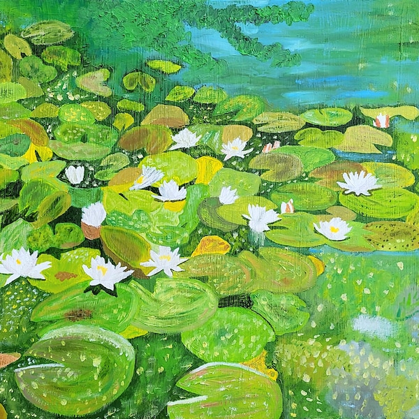 Tarjeta Waterlilies en el foso en Eltham Palace. Greenwich. Óleo sobre lienzo. Obra de arte original, A6, papel sostenible