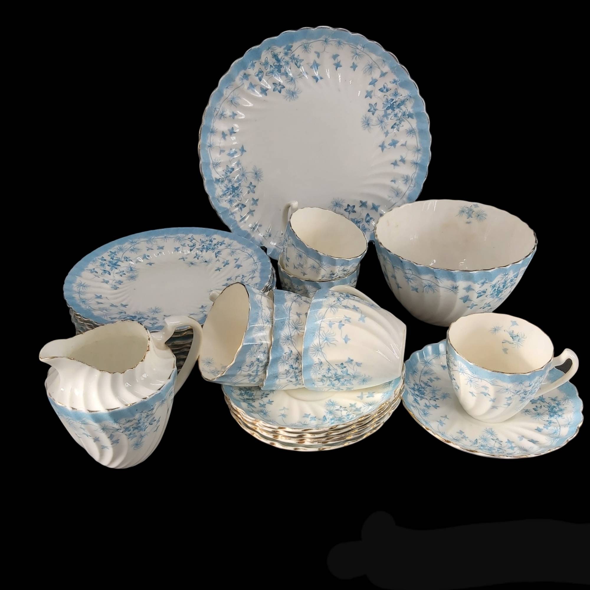 Rare Antique Victorien Chapman Fluted Tea Service, Dentelle Blue Floral Pattern No 219004, David - S