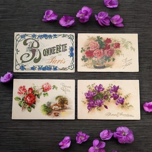 Lot de 4 cartes postales anciennes de Noël et du Nouvel An avec roses et violettes | Fleurs éphémères vintage | Art botanique de collection