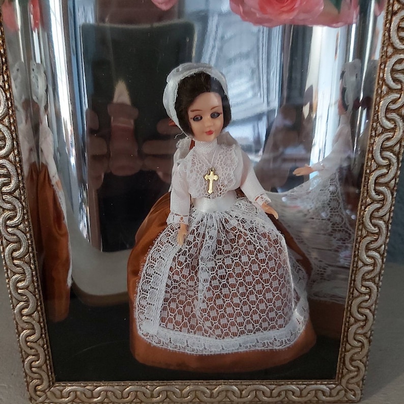 Vintage Shadow Box, Diorama, French Doll in Black Box Frame, Blue eyes, framed Doll, Nun Doll, Black and Gold frame, pink flowers image 4