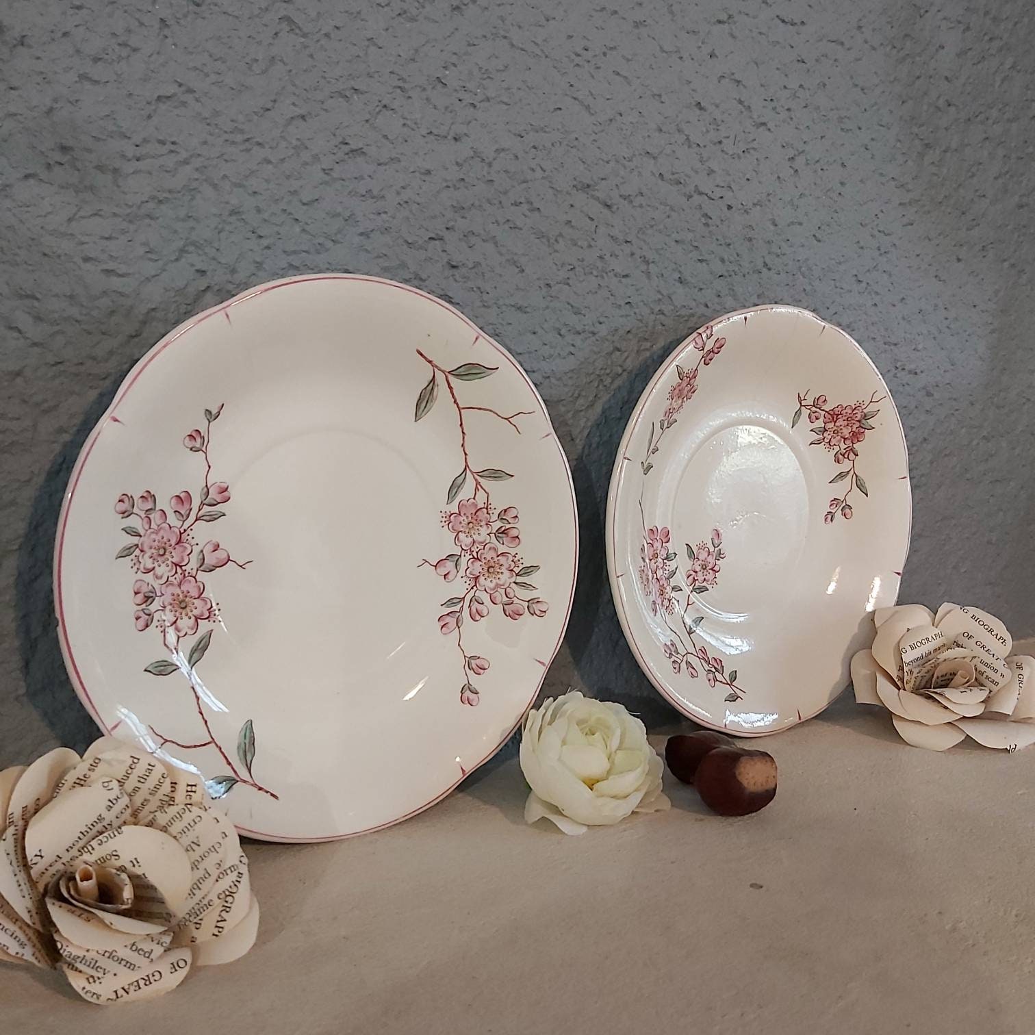 Ensemble de 2 Français Soucoupes en Fleurs Cerisier Céramique Longchamp Terre de Fer, Assiettes, Rom