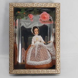 Vintage Shadow Box, Diorama, French Doll in Black Box Frame, Blue eyes, framed Doll, Nun Doll, Black and Gold frame, pink flowers image 1