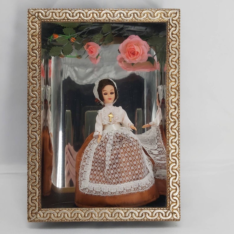 Vintage Shadow Box, Diorama, French Doll in Black Box Frame, Blue eyes, framed Doll, Nun Doll, Black and Gold frame, pink flowers image 1