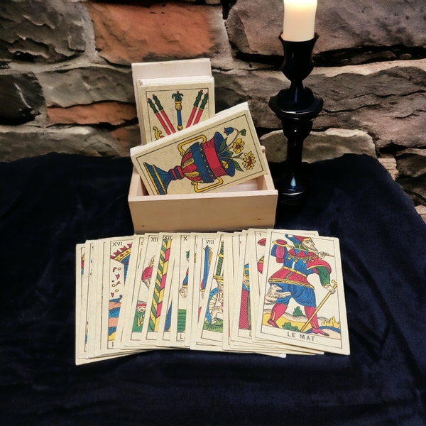 Vintage Tarot Cards, Vintage deck of republished 'Tarot de Marseille' style, Tarot Cards, Full Deck in a wooden box