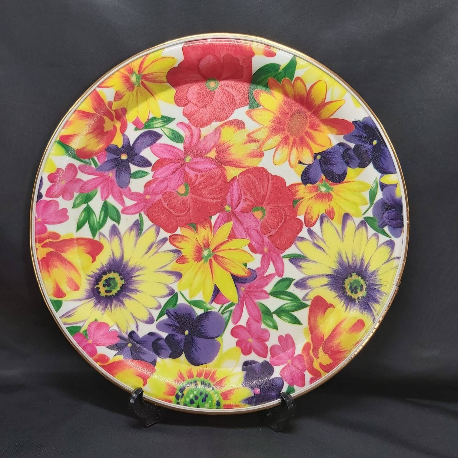 Belle Vintage Retro Années 1970, Assiette à Gâteau en Plastique Floral et Doré Audacieuse, Plateau, 