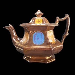 Antique English Hand Painted Victorian era Copper Lustre Pottery Tea Pot with Lid