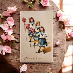 postale française de 1910 antique | « Heureuse Année » avec des enfants en tenue de marin | Carte postale française ancienne d'avant la Première Guerre mondiale