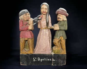 Macabre French Antique Hand Carved Statue of Saint Apollonia, Antique Wood Polychrome Statue, Statue of St Apolline and two tormentors