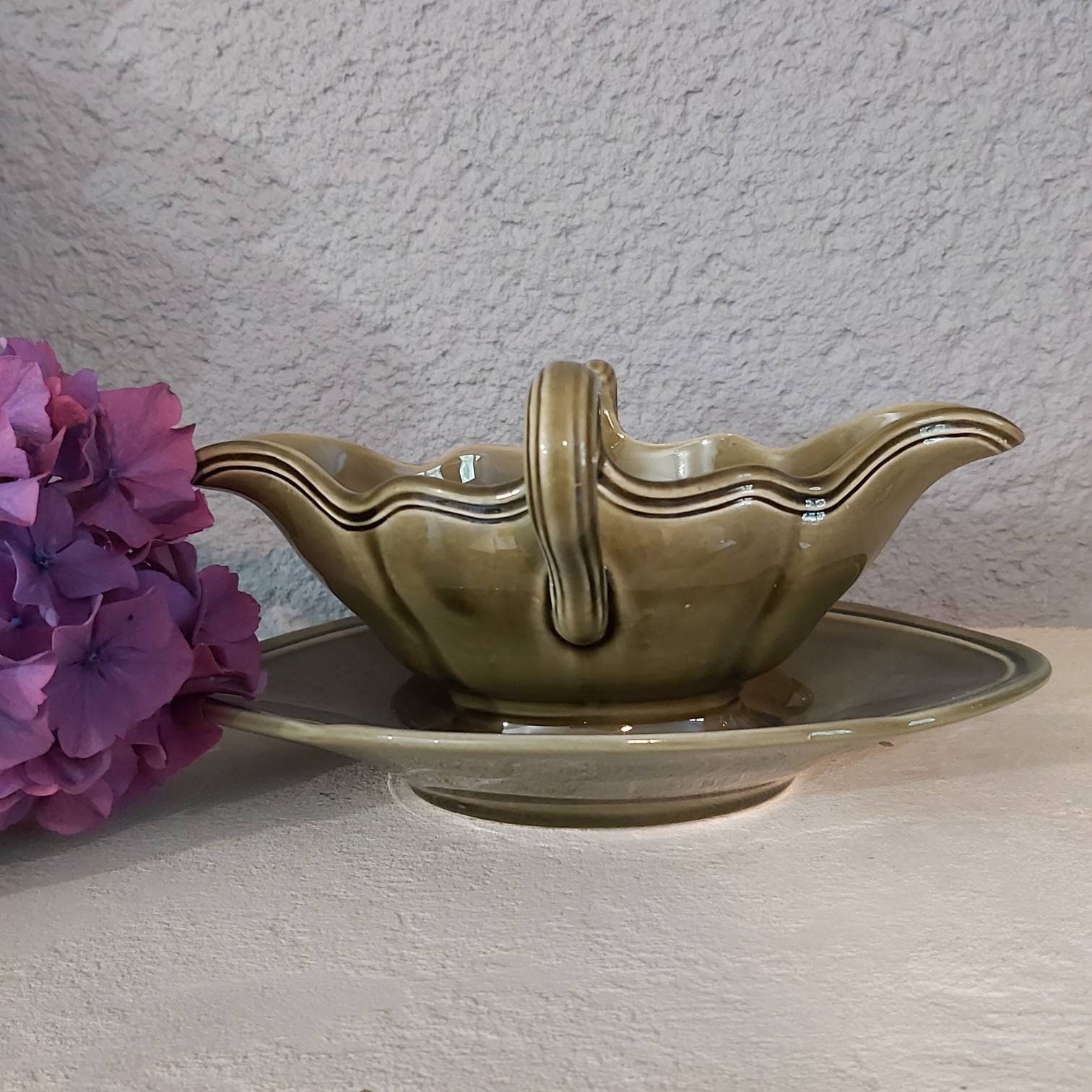 Vintage Luneville, Louis Xv - Vert Toute Mousse Verte avec Scalloped Rim Gravy Boat, Made in France,