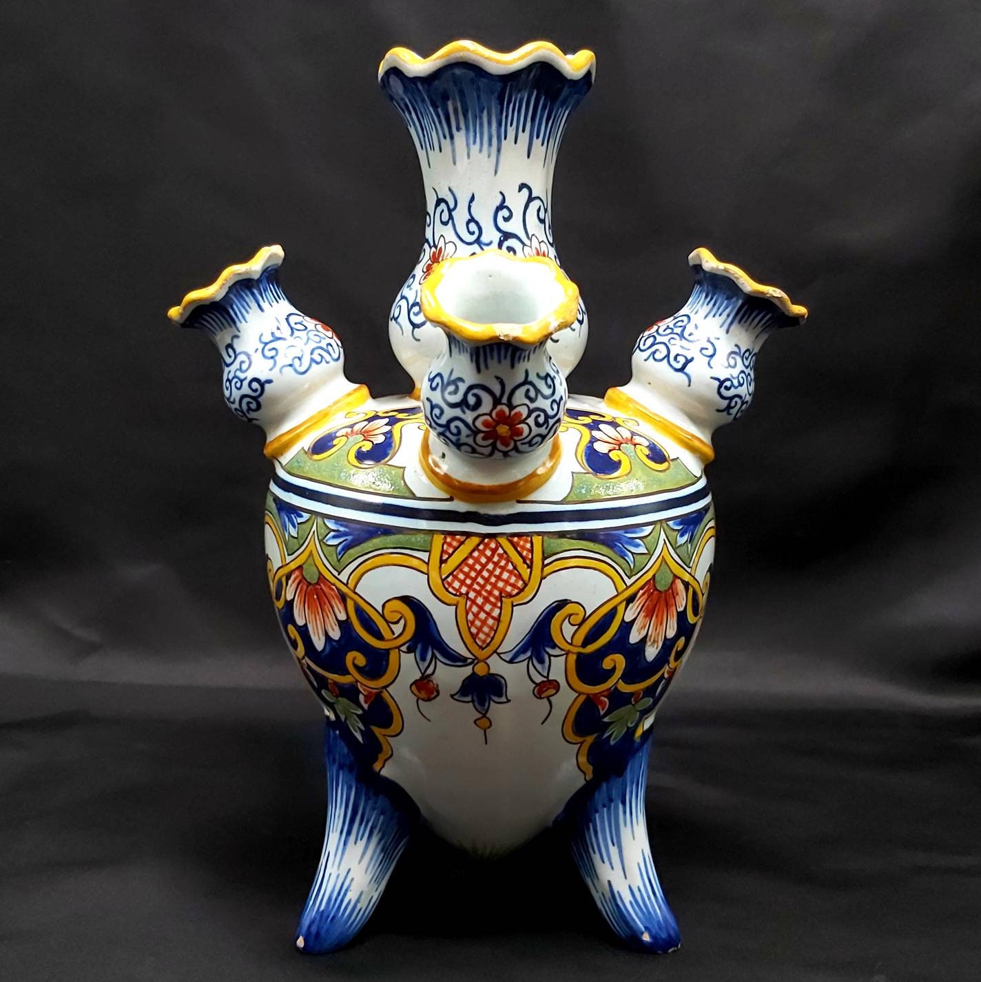 Superbe Vase de Tulipe en Faïence Français Antique, Tuplipière, à Fleurs, Base Bouquet, Français, Po