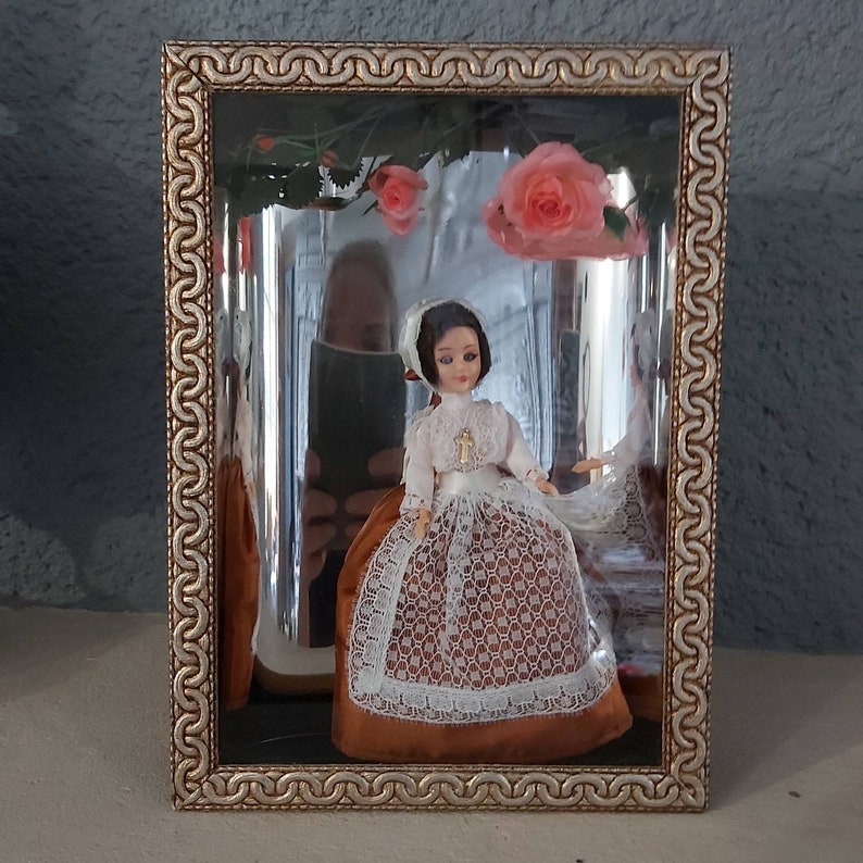 Vintage Shadow Box, Diorama, French Doll in Black Box Frame, Blue eyes, framed Doll, Nun Doll, Black and Gold frame, pink flowers image 2