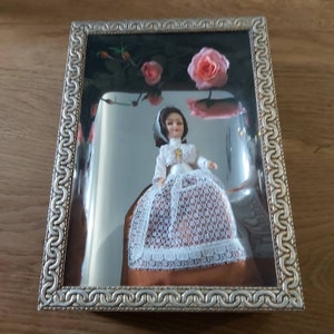 Vintage Shadow Box, Diorama, French Doll in Black Box Frame, Blue eyes, framed Doll, Nun Doll, Black and Gold frame, pink flowers image 5