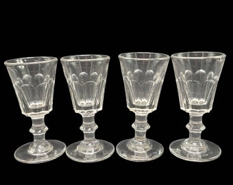 Set of 4 Antique Bistro Stemmed Glasses, Antique Faceted French Set of Liquor or Toasting Glasses, circa Victorian era Barwear