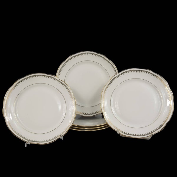 Limoges UML (Union Marc Larchevêque), set of 6 porcelain Dessert Plates, Side Plates, White scalloped edge Plates, Gold Gilt