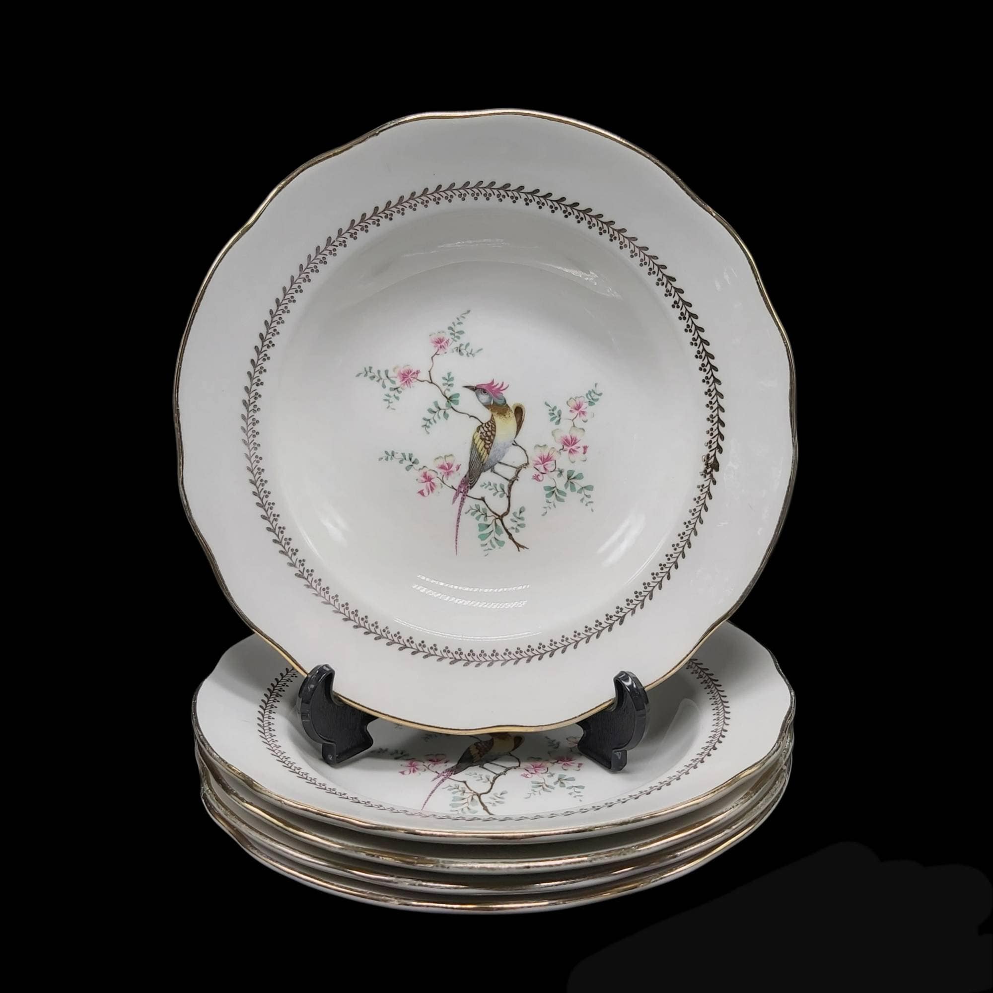 Ensemble de 5 Assiettes à Soupe, Bols, Service, Français Manufacture Gien Modèle Tokio Tokyo/Oiseau 