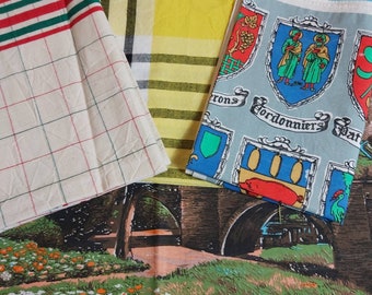 Beautiful collection of 4 Traditional French Cotton Tea Towels circa 1960s, Carcassonne la Cite, Castle, crests, checkered tea towels